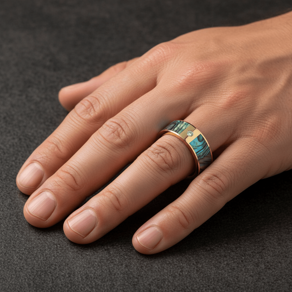 Mother of Pearl inlay 14k yellow gold wedding band 8mm with diamond, angled view