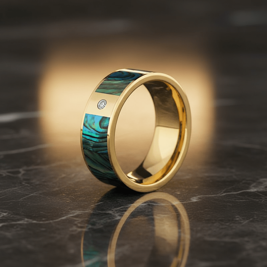 Mother of Pearl inlay 14k yellow gold wedding band 8mm with diamond, additional view 8