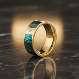 Mother of Pearl inlay 14k yellow gold wedding band 8mm with diamond, additional view 8
