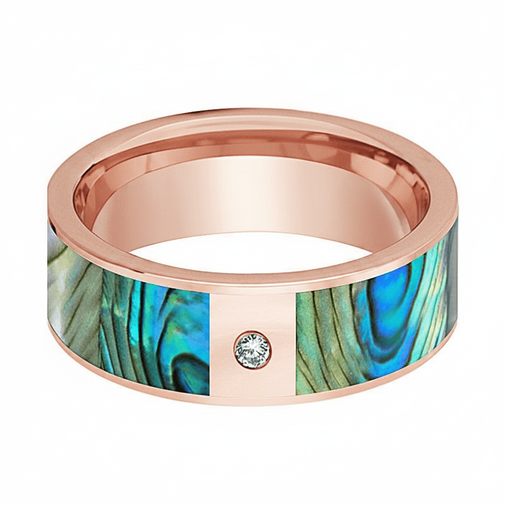 Mother of Pearl inlay 14k yellow gold wedding band 8mm with diamond, additional view 6