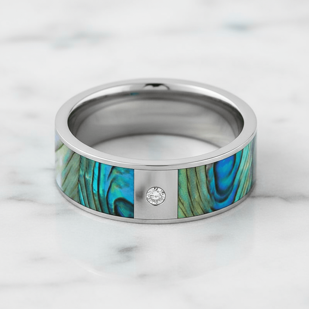 Mother of Pearl inlay 14k yellow gold wedding band 8mm with diamond, additional view 9