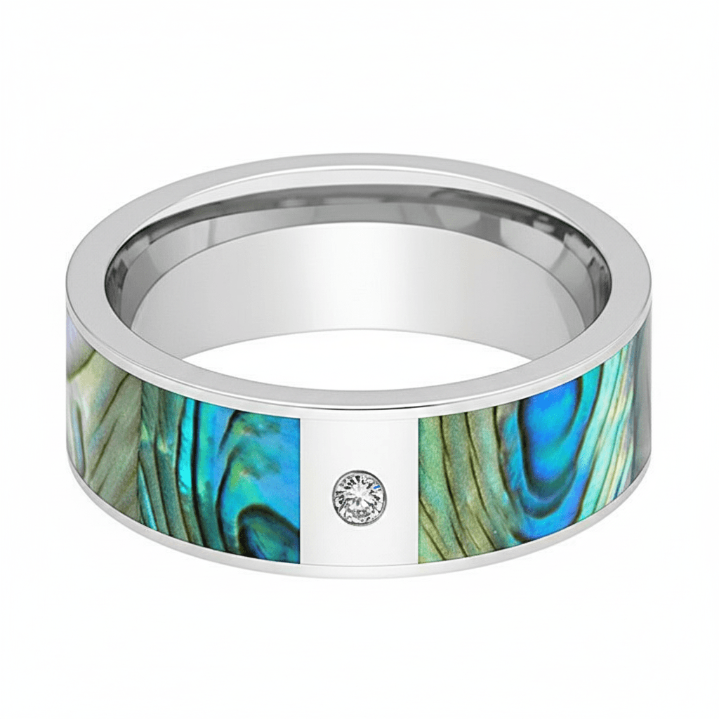 Mother of Pearl inlay 14k yellow gold wedding band 8mm with diamond, close-up of inlay