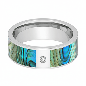 Mother of Pearl inlay 14k yellow gold wedding band 8mm with diamond, close-up of inlay
