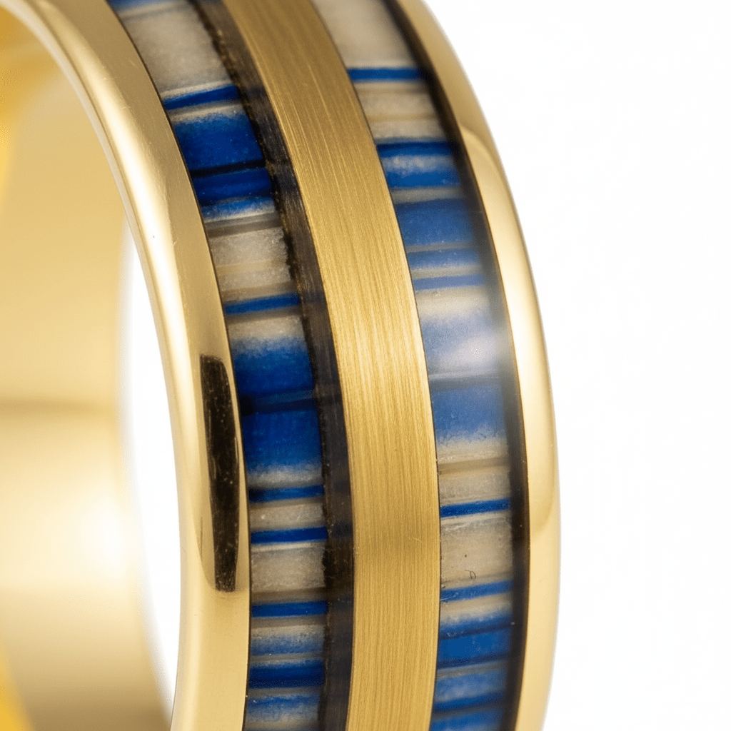 GALLOWAY — Extreme macro detail — men's tungsten wedding ring.