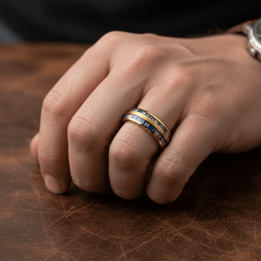 GALLOWAY — Lifestyle photo on hand — men's tungsten wedding ring.
