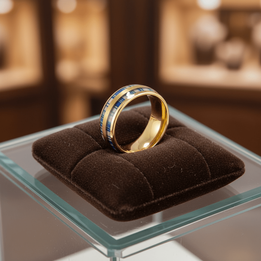 GALLOWAY — Premium boutique display on velvet — men's tungsten wedding ring.