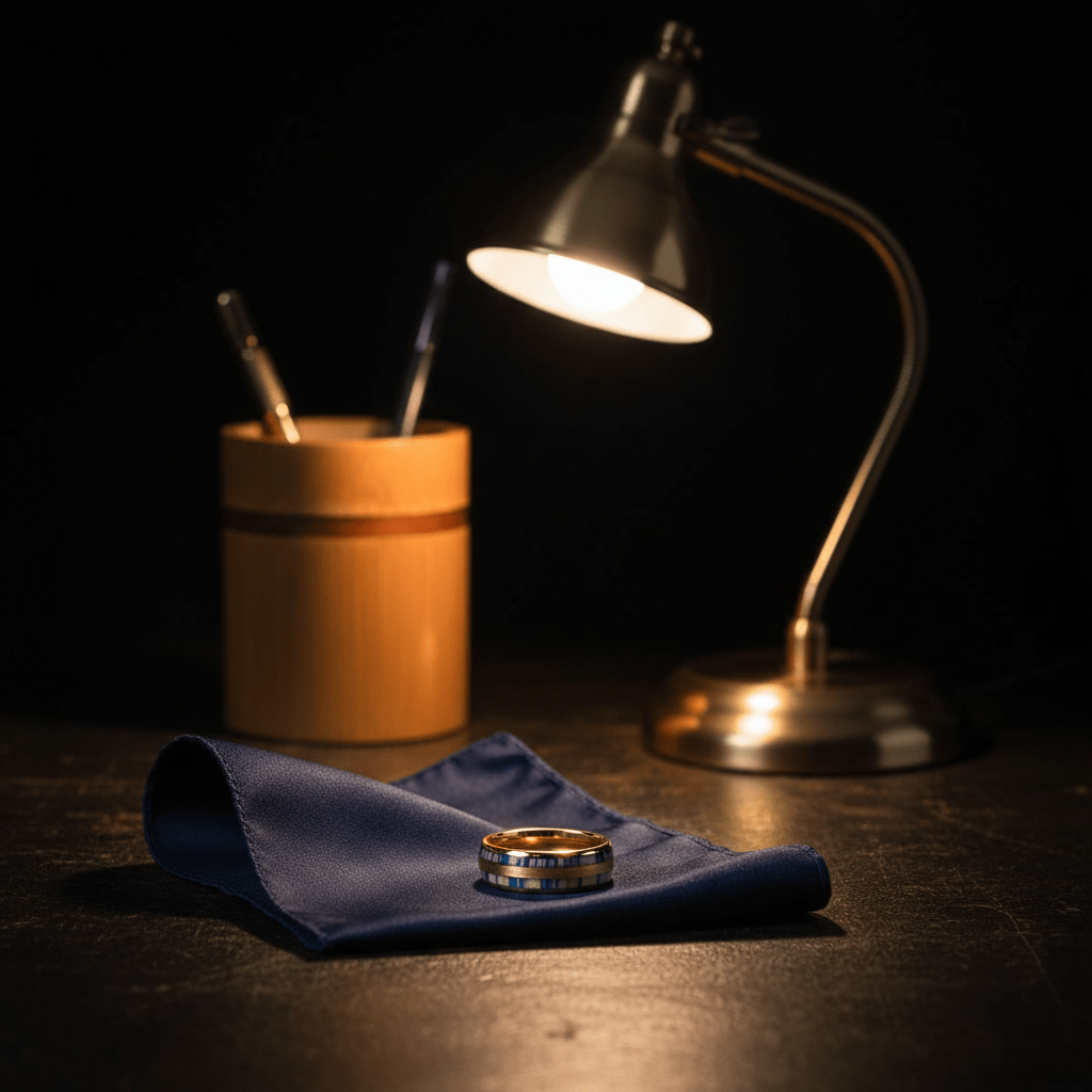 GALLOWAY — Editorial masculine still life — men's tungsten wedding ring.