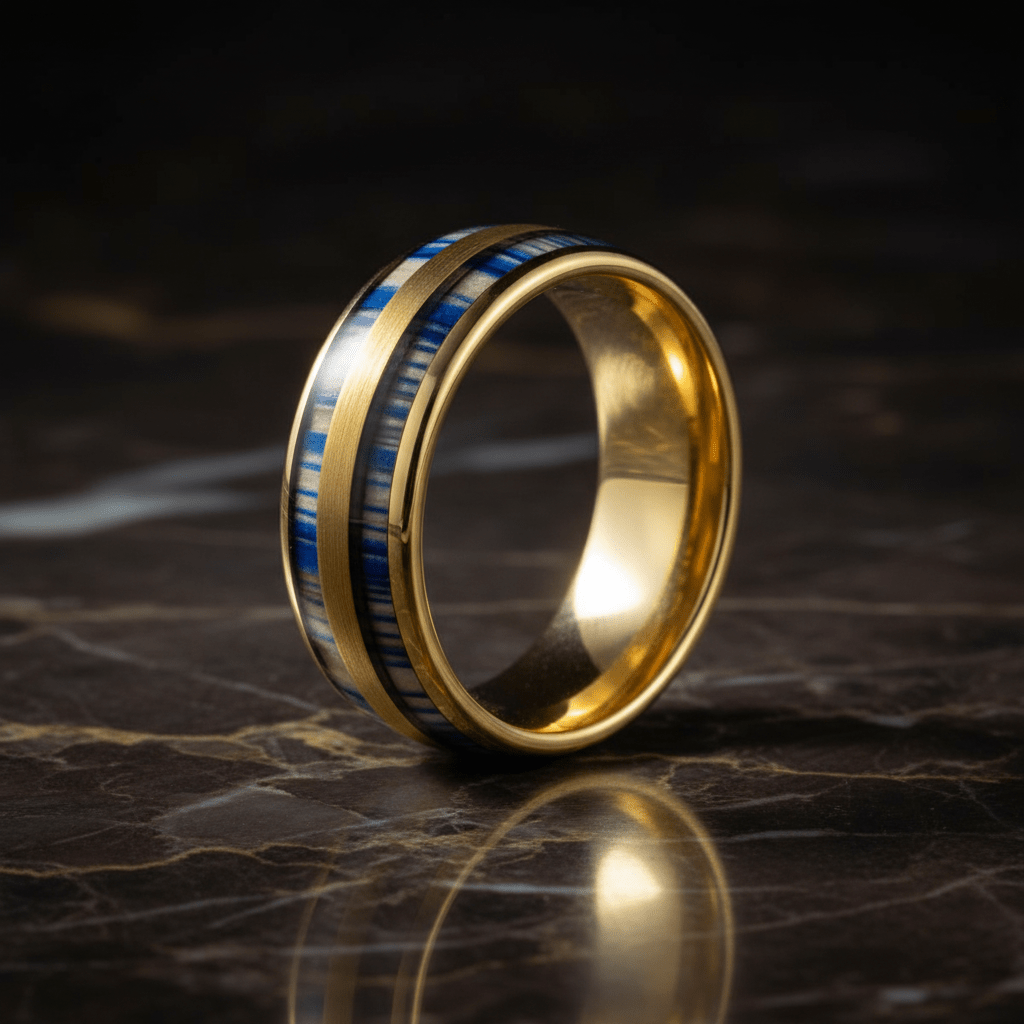 GALLOWAY — Luxury 3/4 angle on dark marble — men's tungsten wedding ring.