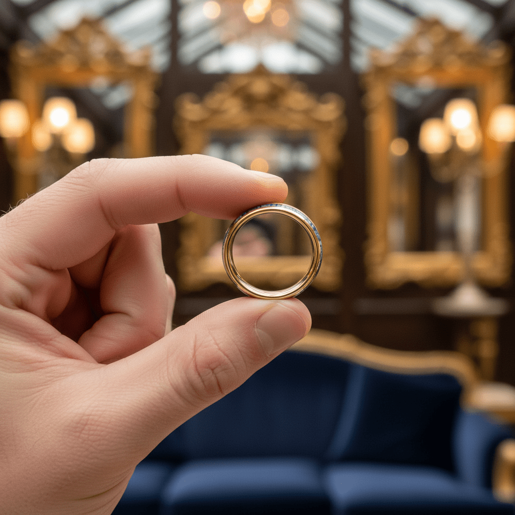 GALLOWAY — Held between fingers close-up — men's tungsten wedding ring.
