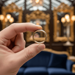 GALLOWAY — Held between fingers close-up — men's tungsten wedding ring.