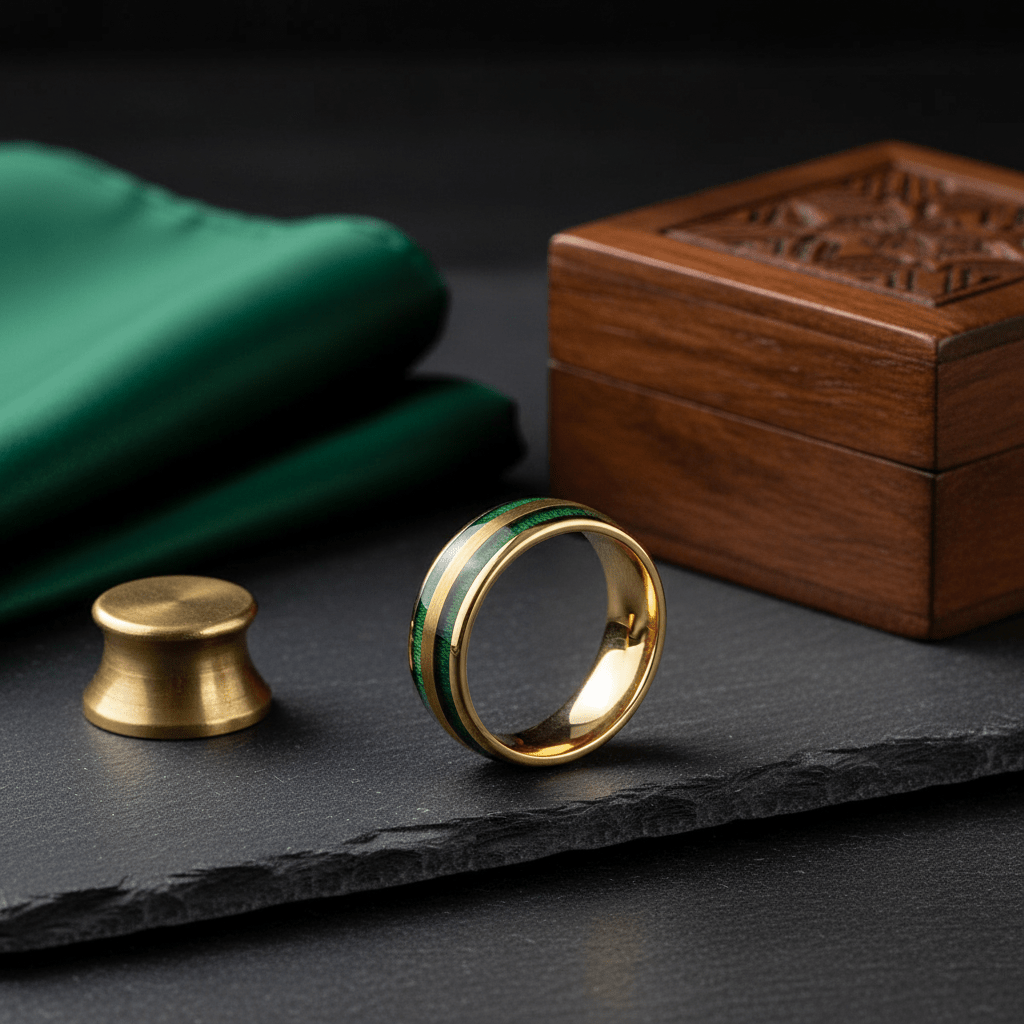 GARRISON — Editorial masculine still life — men's tungsten wedding ring.