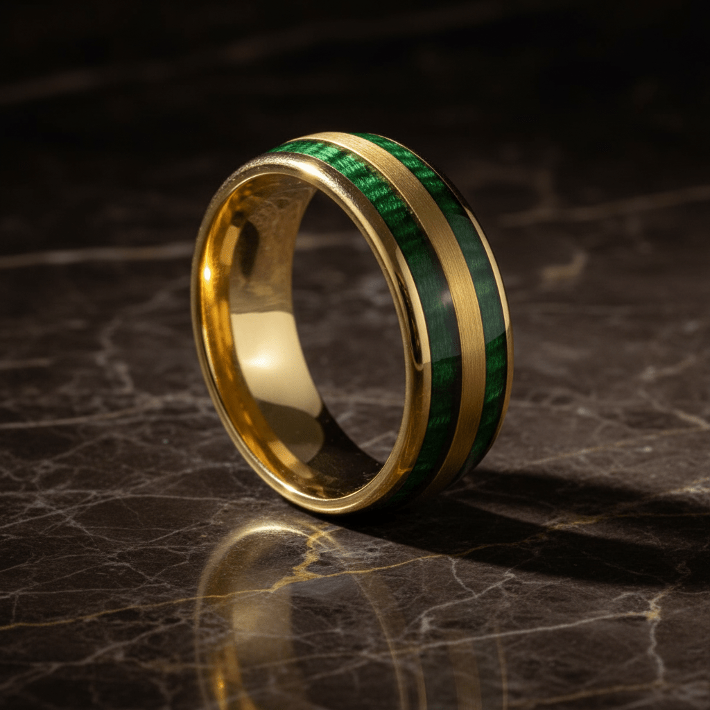 GARRISON — Luxury 3/4 angle on dark marble — men's tungsten wedding ring.