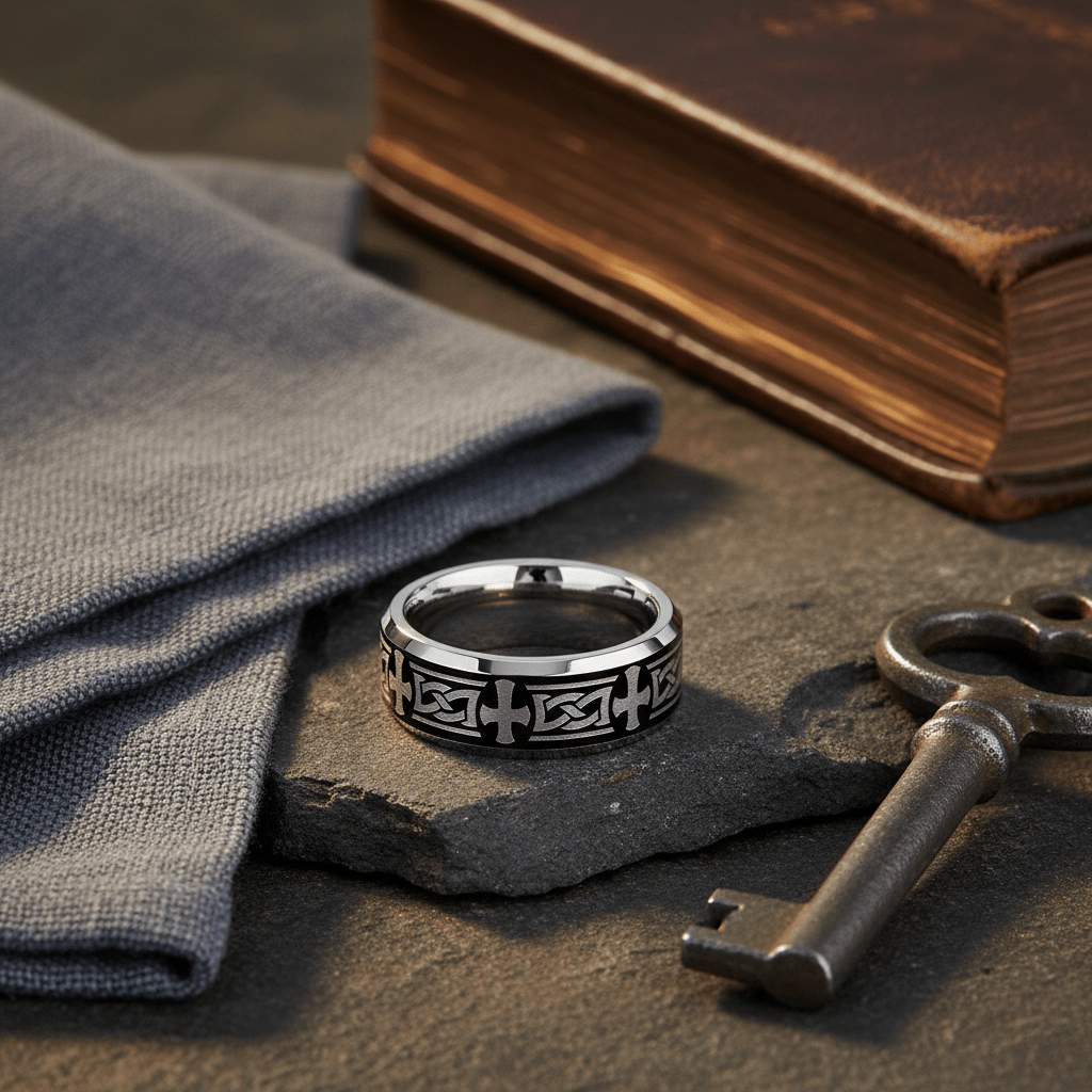 GARROS — close-up detail — men's tungsten carbide wedding ring | Aydins Jewelry