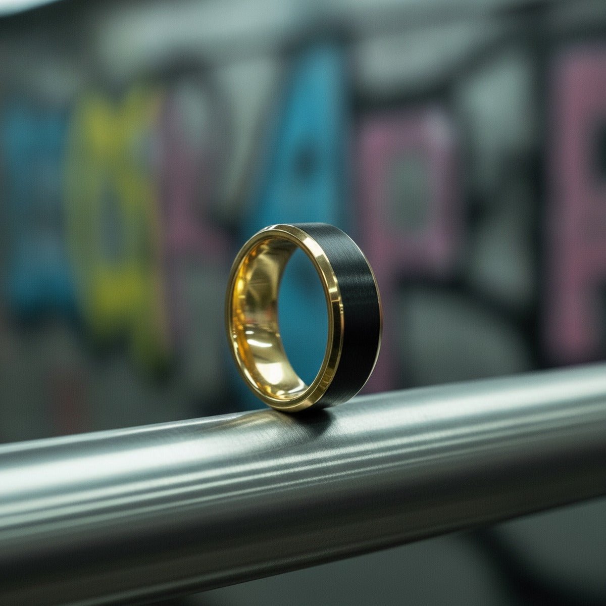 Aydins GASTON | Gold Tungsten Wedding Band Brushed Black Center lifestyle scene, underground train