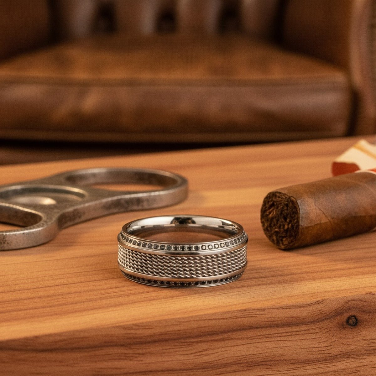 Aydins GAUNTLET | Titanium Wedding Band – Steel Chain Design & Black Diamonds lifestyle scene, cigar humidor