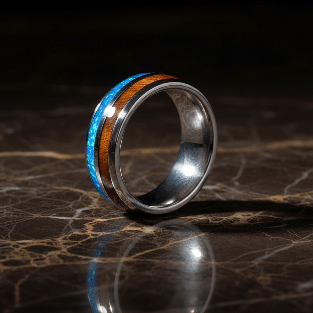 GENIE — Luxury 3/4 angle on dark marble — men's tungsten wedding ring.