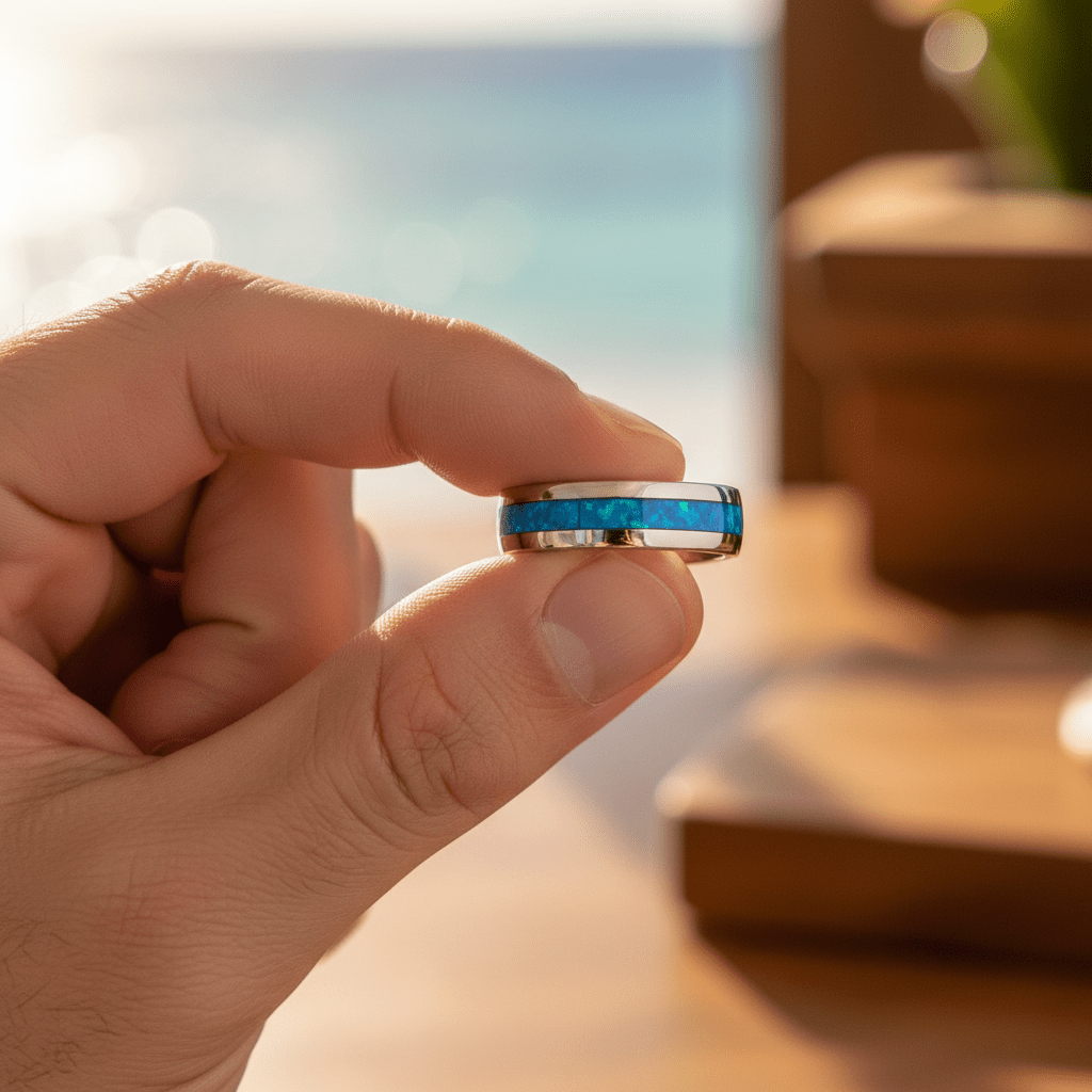 GENIE — Held between fingers close-up — men's tungsten wedding ring.