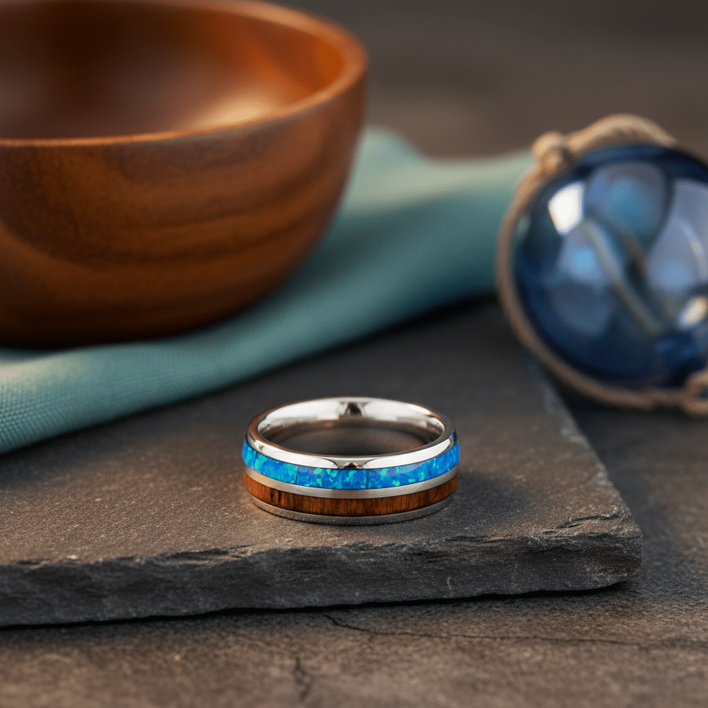 GENIE — Editorial masculine still life — men's tungsten wedding ring.