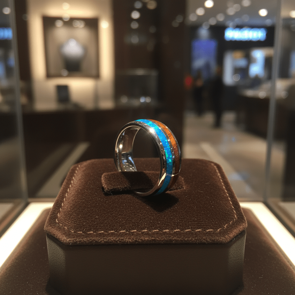 GENIE — Premium boutique display on velvet — men's tungsten wedding ring.