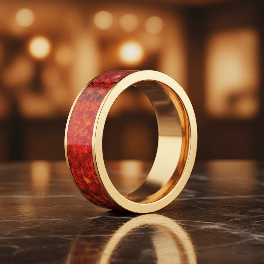 Red Opal inlay 14k yellow gold wedding band 8mm, additional view 8