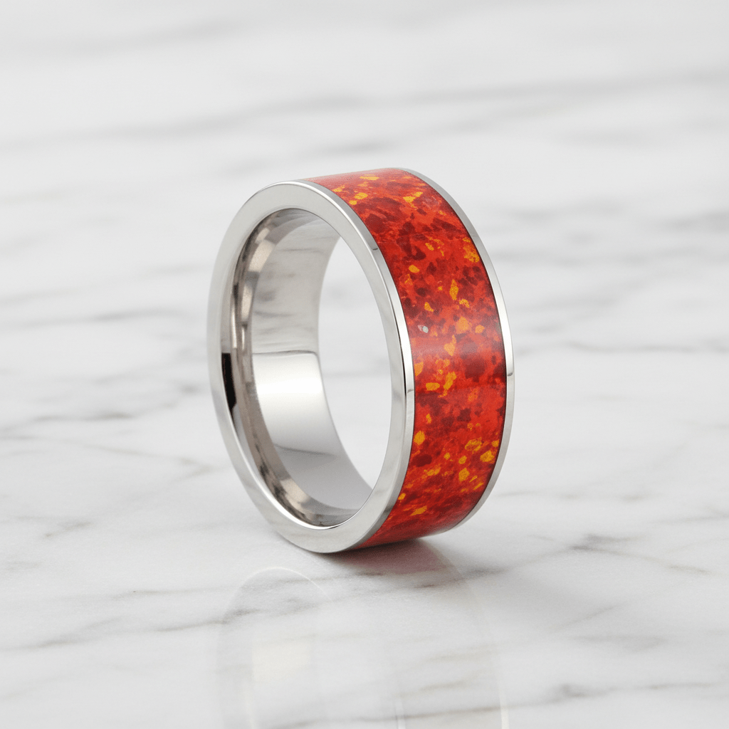 Red Opal inlay 14k yellow gold wedding band 8mm, additional view 9