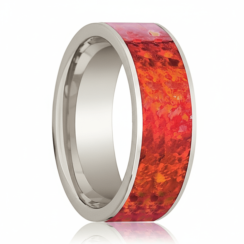 Red Opal inlay 14k yellow gold wedding band 8mm, close-up of inlay