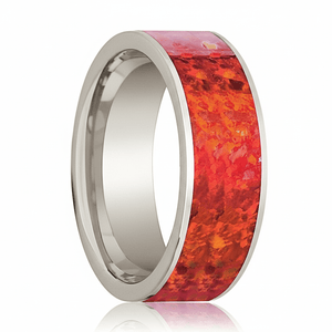 Red Opal inlay 14k yellow gold wedding band 8mm, close-up of inlay