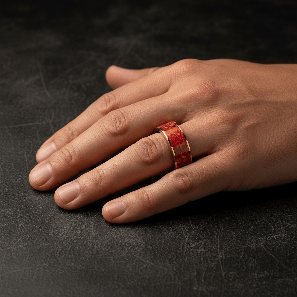 Red Opal inlay 14k yellow gold wedding band 8mm, angled view