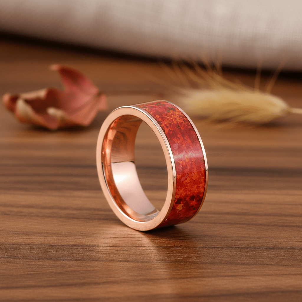 Red Opal inlay 14k yellow gold wedding band 8mm, additional view 10