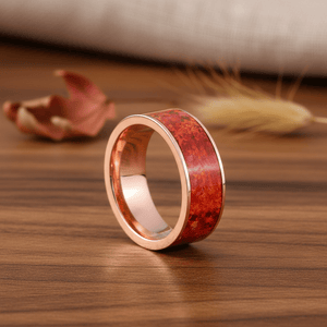 Red Opal inlay 14k yellow gold wedding band 8mm, additional view 10