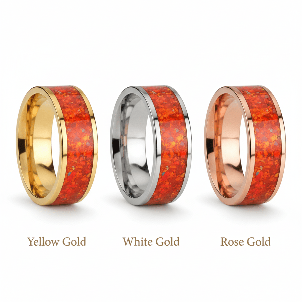 Red Opal inlay 14k yellow gold wedding band 8mm, top view