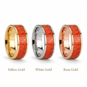 Red Opal inlay 14k yellow gold wedding band 8mm, top view