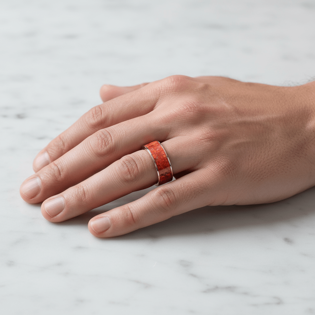 Red Opal inlay 14k yellow gold wedding band 8mm, on the hand