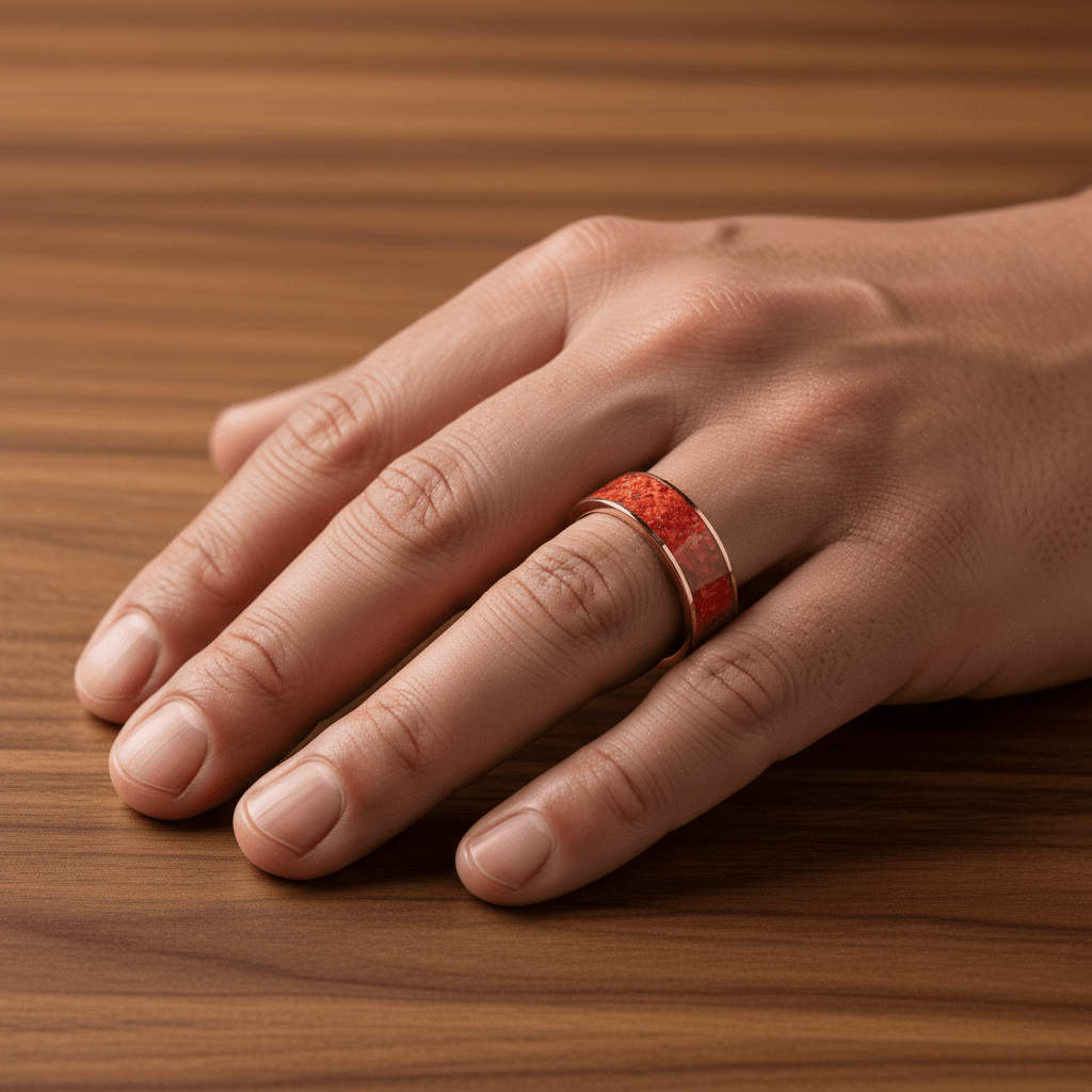 Red Opal inlay 14k yellow gold wedding band 8mm, additional view 7