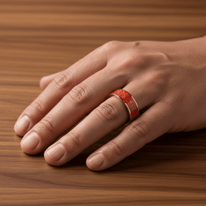 Red Opal inlay 14k yellow gold wedding band 8mm, additional view 7
