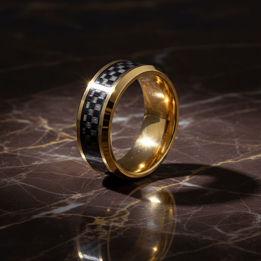 GILDWING — Luxury 3/4 angle on dark marble — men's tungsten wedding ring.