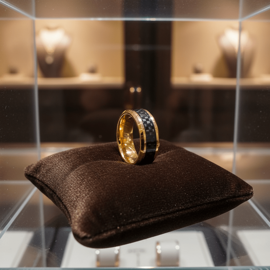 GILDWING — Premium boutique display on velvet — men's tungsten wedding ring.