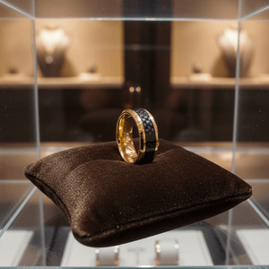 GILDWING — Premium boutique display on velvet — men's tungsten wedding ring.