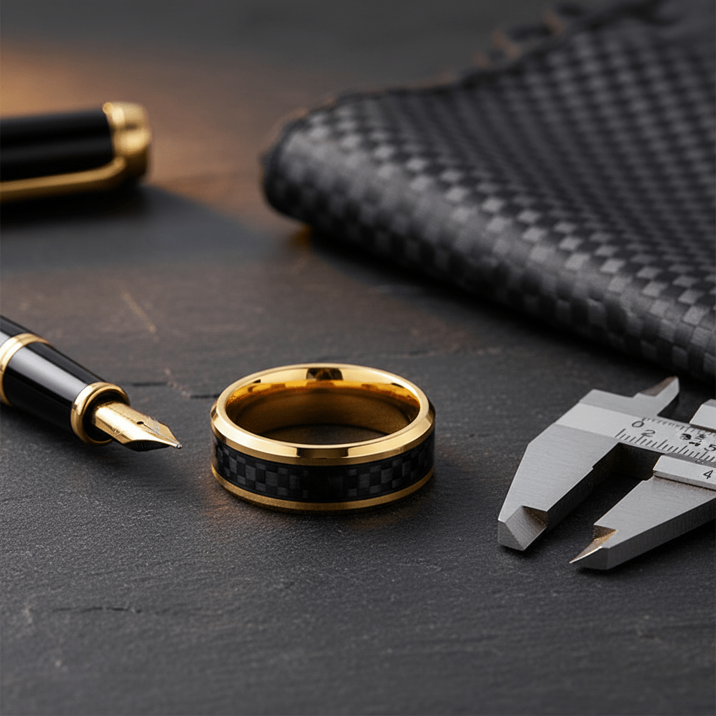 GILDWING — Editorial masculine still life — men's tungsten wedding ring.