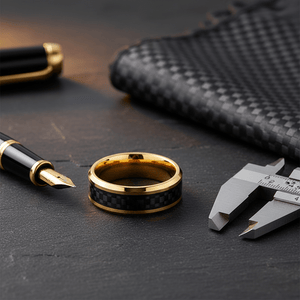 GILDWING — Editorial masculine still life — men's tungsten wedding ring.