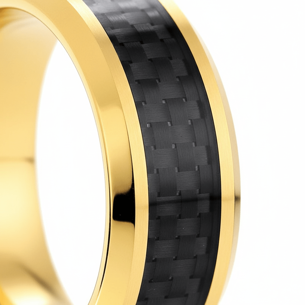 GILDWING — Extreme macro detail — men's tungsten wedding ring.