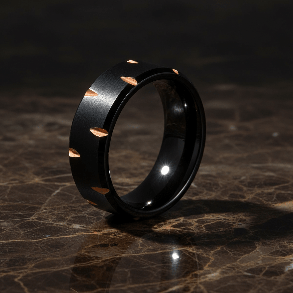 GILTBLADE — Luxury 3/4 angle on dark marble — men's tungsten wedding ring.