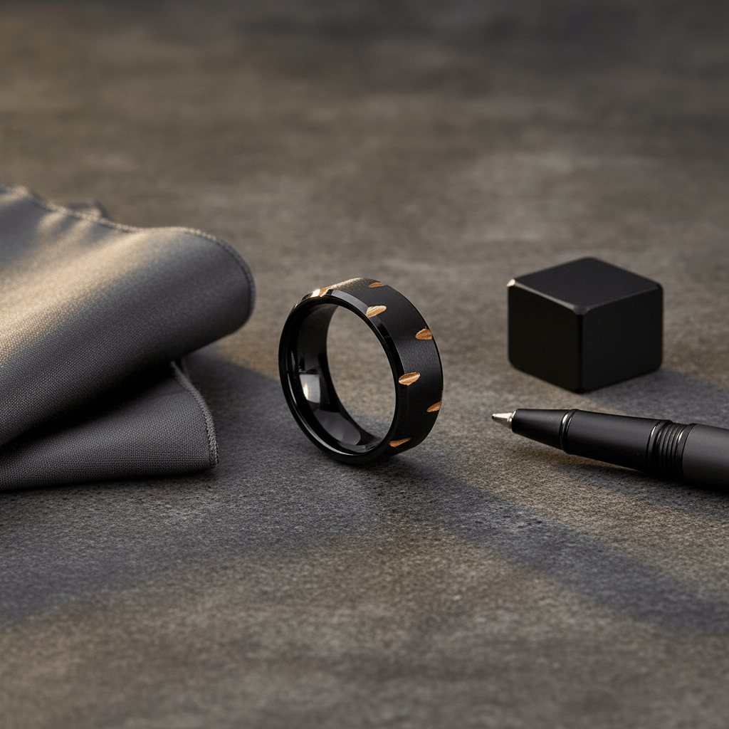 GILTBLADE — Editorial masculine still life — men's tungsten wedding ring.
