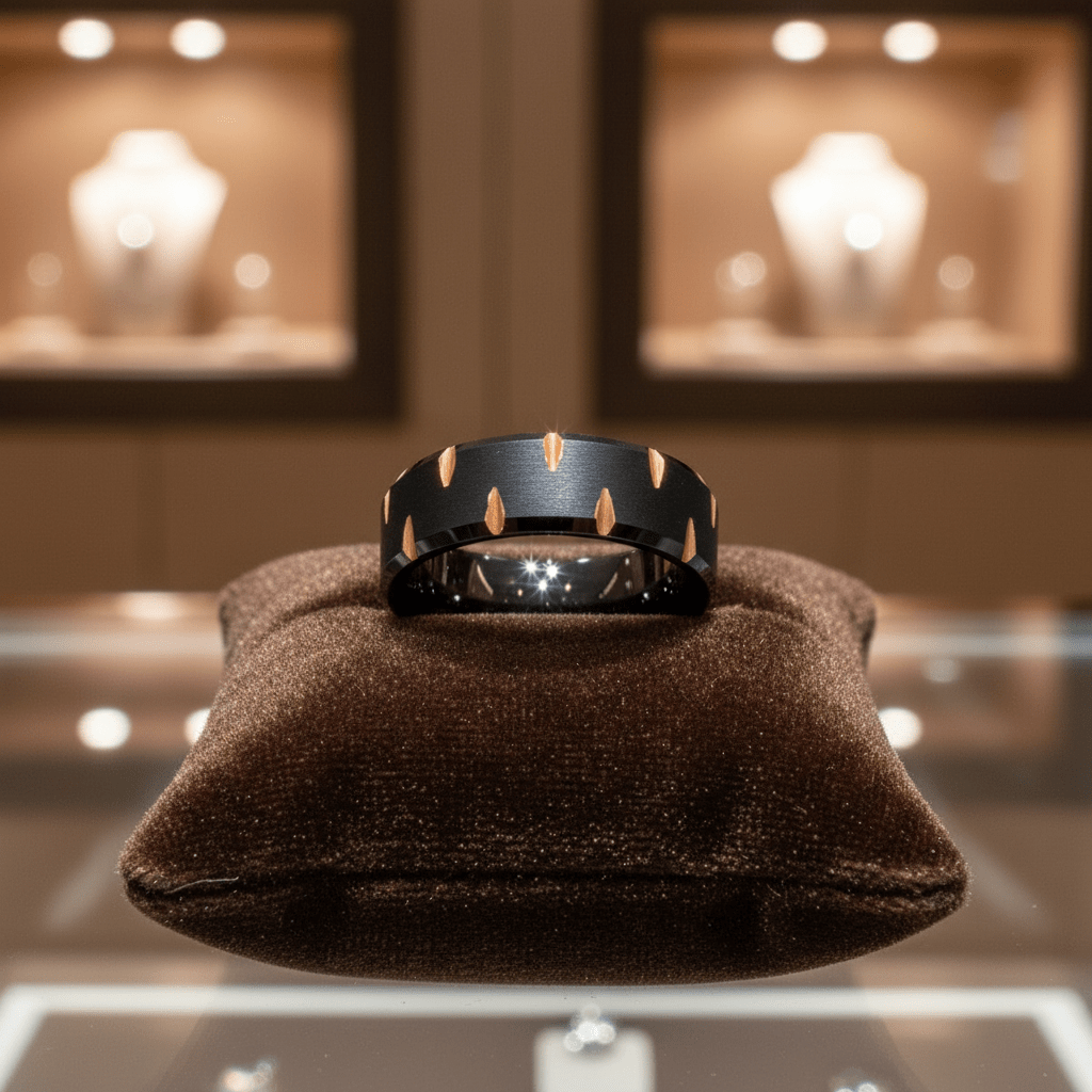 GILTBLADE — Premium boutique display on velvet — men's tungsten wedding ring.