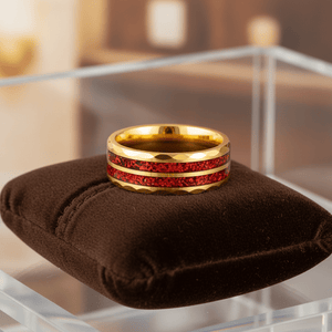 GLEAMFIRE — Premium boutique display on velvet — men's tungsten wedding ring.