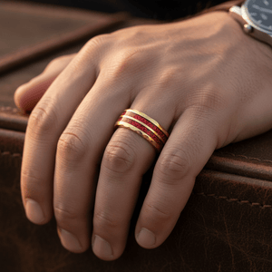 GLEAMFIRE — Lifestyle photo on hand — men's tungsten wedding ring.