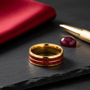 GLEAMFIRE — Editorial masculine still life — men's tungsten wedding ring.