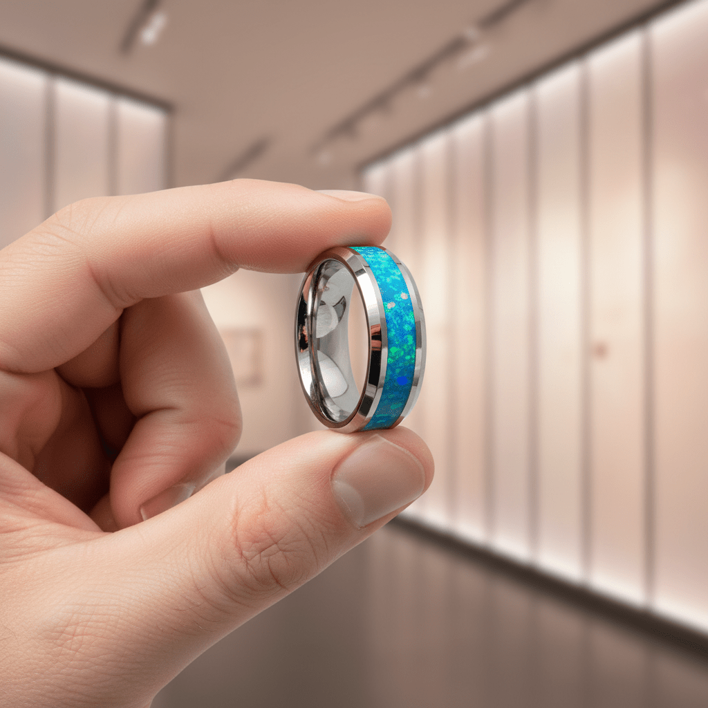 GLEAMING — Held between fingers close-up — men's tungsten wedding ring.