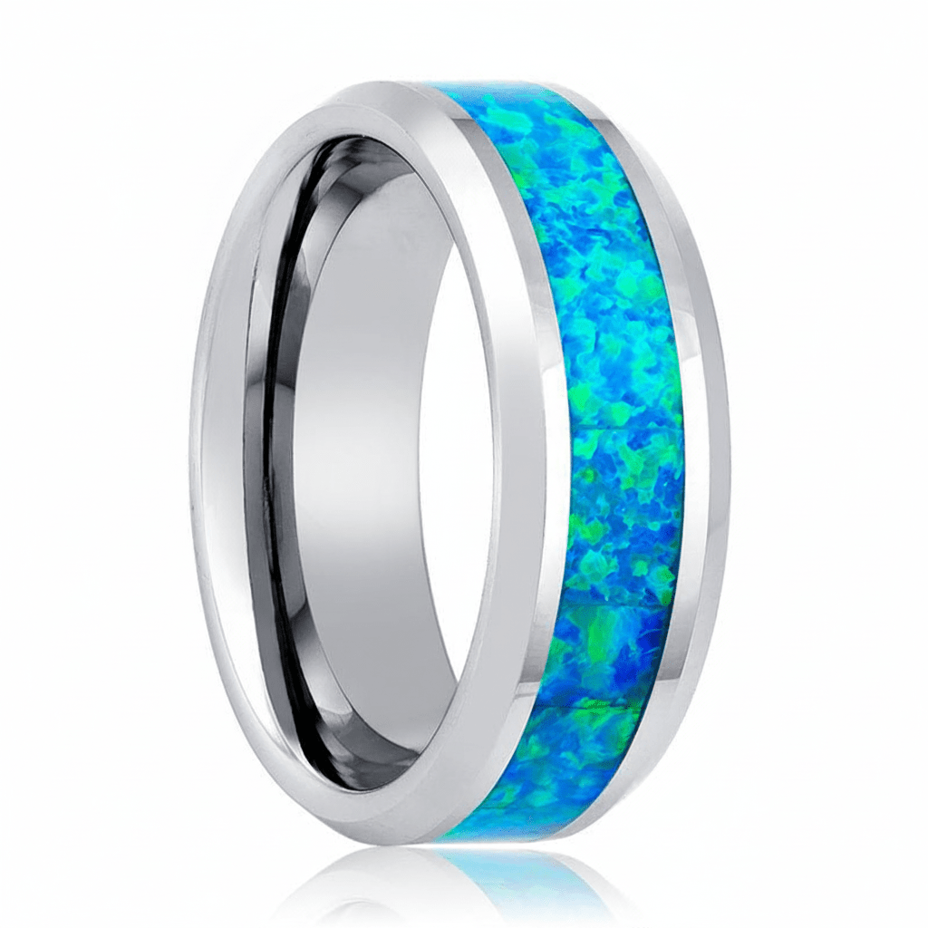 GLEAMING — Hero product shot — men's tungsten wedding ring.