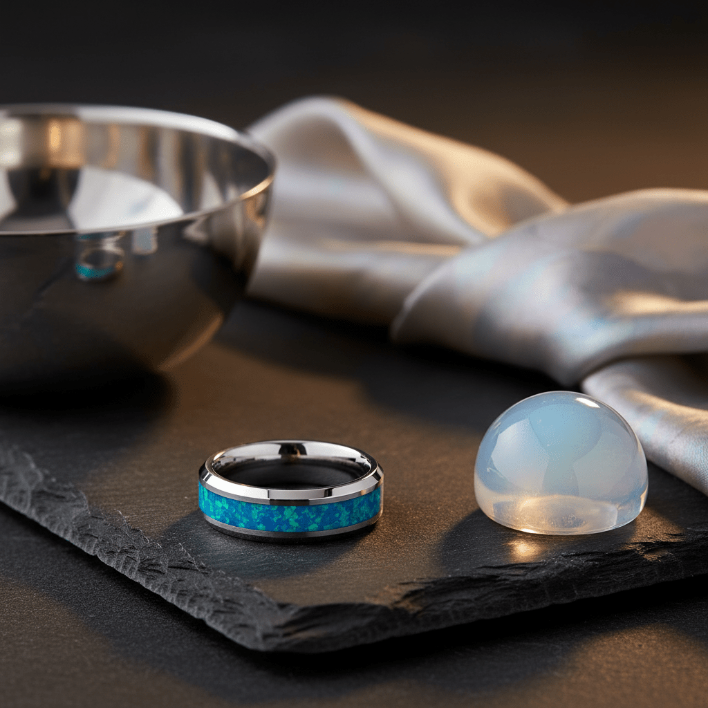GLEAMING — Editorial masculine still life — men's tungsten wedding ring.